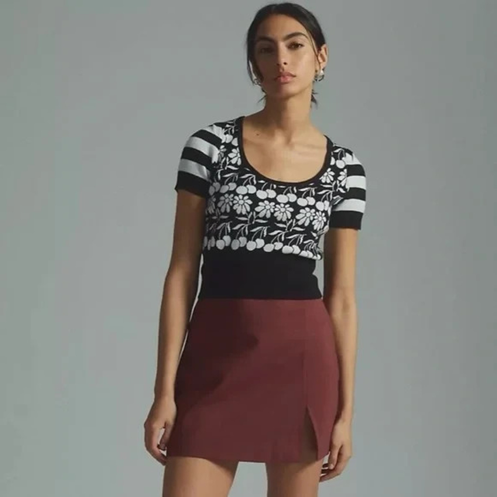 Anthropologie Maeve Trixie Black White Floral Cherry Crop Tie Back Sweater Xs